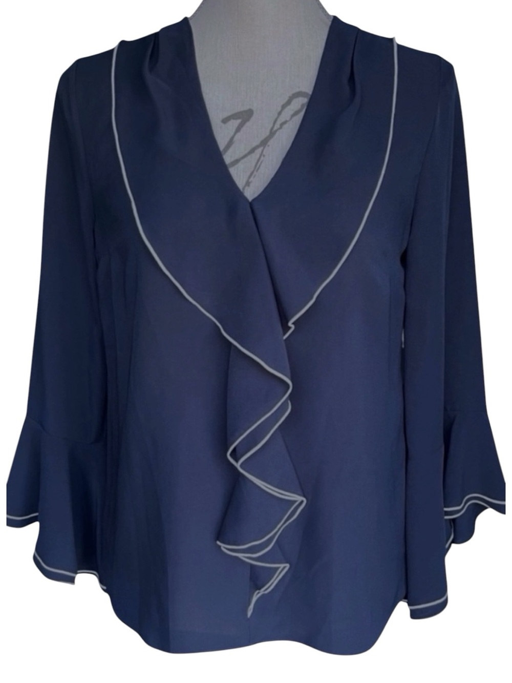 Elie Tahari Navy/White Ruffled 3/4 Sleeve Blouse (XS/S)